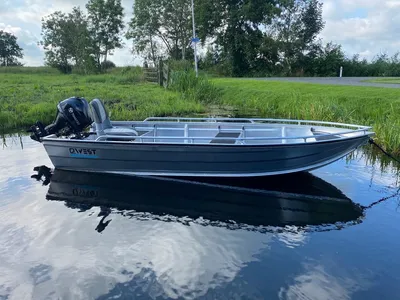 aluminium boot op rustig water bij gras