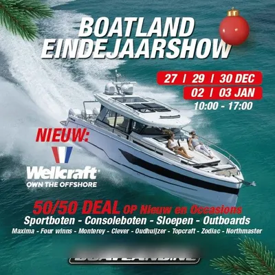 poster met motorjacht op open water