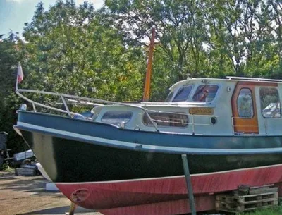 stalen kajuitboot op de kant bij bomen