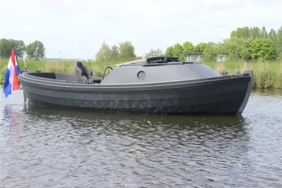 grijze sloep op water bij rietkraag