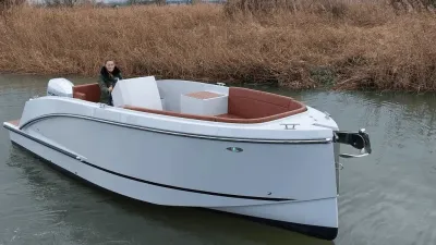 kleine tender op rustig water met riet