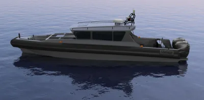 grijze cabine-rib op rustig water