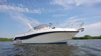motorboot op water met riet en blauwe lucht