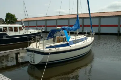 kajuitzeilboot afgemeerd in jachthaven