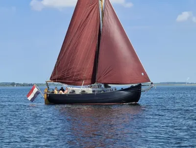 Zeilboot met roodbruine zeilen op open water