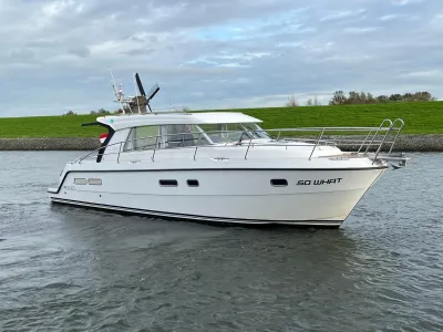 motorjacht in het water naast een grasdijk