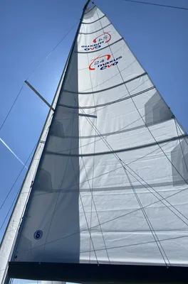 zeil en mast tegen blauwe lucht