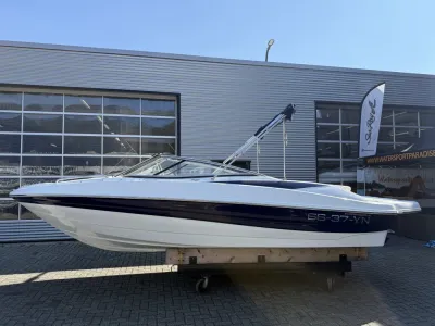 wit-blauwe bowrider op land