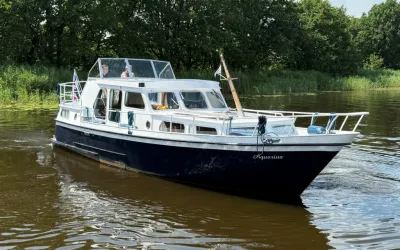 wit-blauw motorjacht op rivier bij groene oever