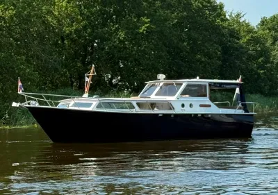 motorjacht op rivier bij boomrijke oever