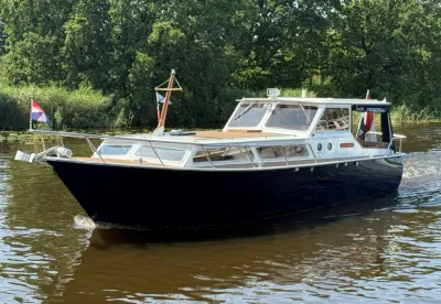 Motorjacht op rivier bij beboste oever