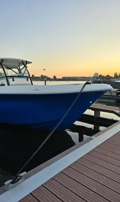 Blauwe motorboot afgemeerd bij steiger
