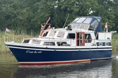 motorkruiser op rivier bij groene oever