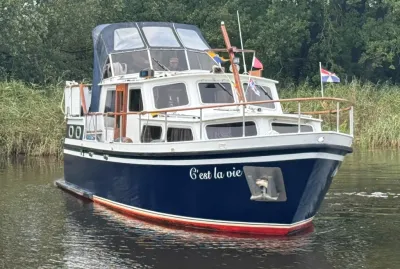 motorjacht op rustig water bij oever