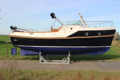 motorboot op bok bij grasland