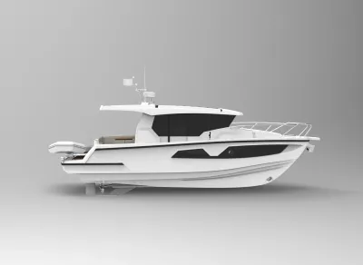 zijaanzicht van een motorboot in 3d-render