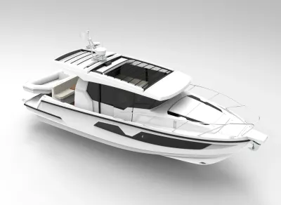 3D-render van een motorjacht op lichte achtergrond