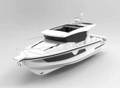 3D-render van een motorboot op effen achtergrond