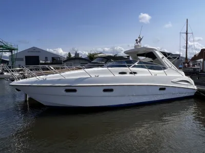 witte sportcruiser afgemeerd in jachthaven