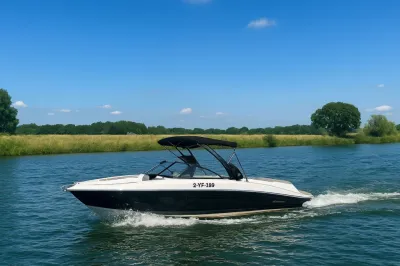 motorboot op het water bij een grasrijke oever