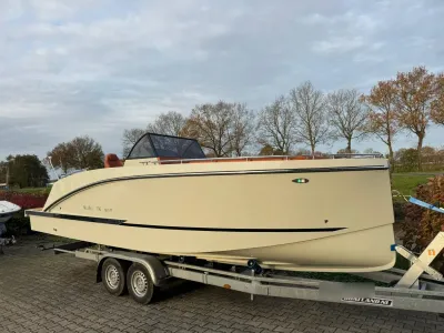 boot op aanhanger bij bomen en bewolkte lucht