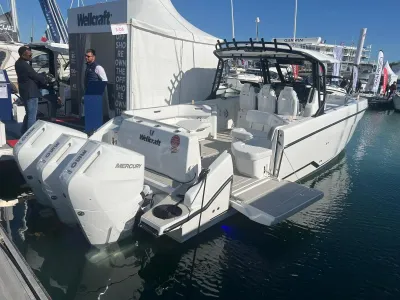 Motorboot afgemeerd bij steiger in jachthaven