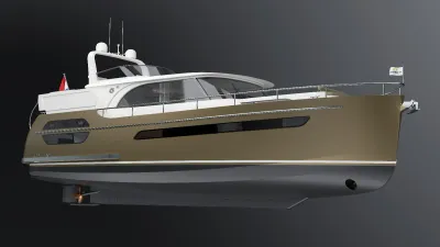 motorjacht in profiel op grijze achtergrond