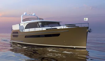 motorjacht op rustig water bij zonsondergang