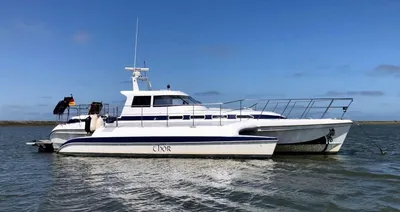 trimaran motorboot op rustig water