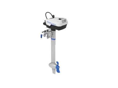 elektrische buitenboordmotor op witte achtergrond