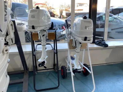 twee buitenboordmotoren in showroom