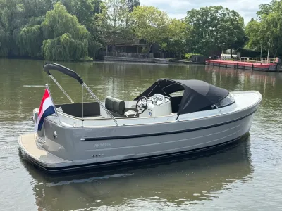 motorboot op rustig water bij groene oever