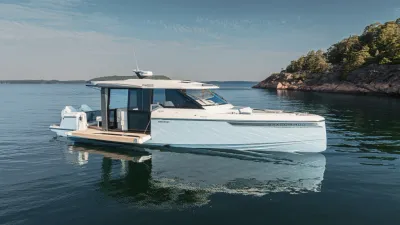 Motorjacht op kalm water bij rotsachtige kust