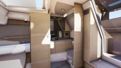 cabine met kombuis, toilet en zitruimte