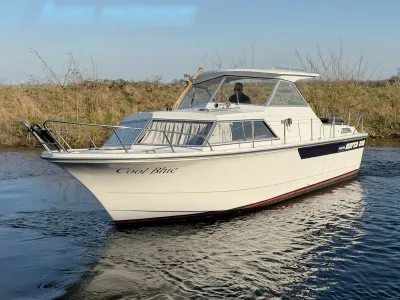 motorjacht op water met oever op achtergrond