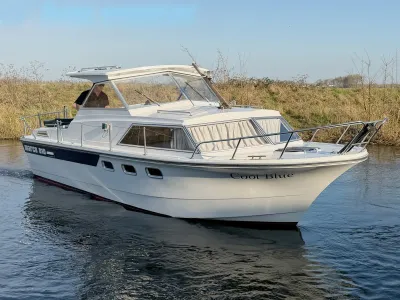 motorboot op rustig water langs oever