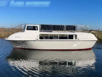 witte motorboot op rustig water bij oever