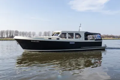 motorjacht in rivierlandschap