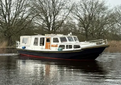 stalen beroepsvlet op rivier met bomen