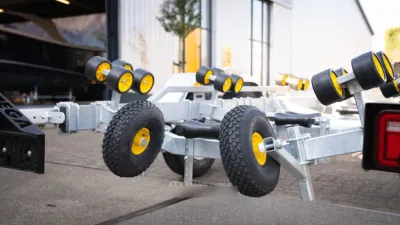 boottrailer wielen en rolgeleiders op asfalt