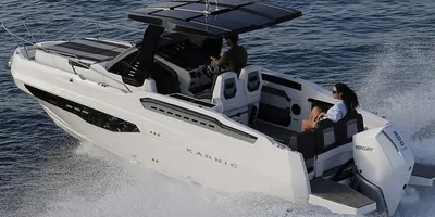 wit motorboot met hardtop op open water