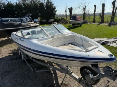 witte bowrider op trailer in tuin