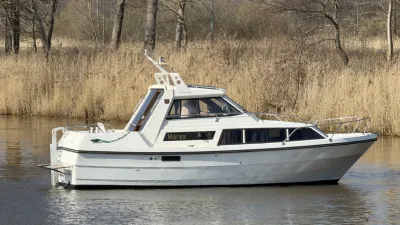 motorboot op rustig water bij rietkraag