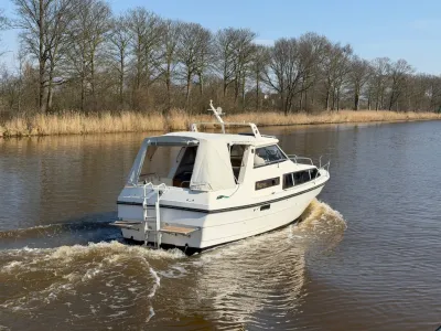 motorjacht op rivier bij bomen