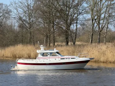 motorjacht op water met riet en bomen