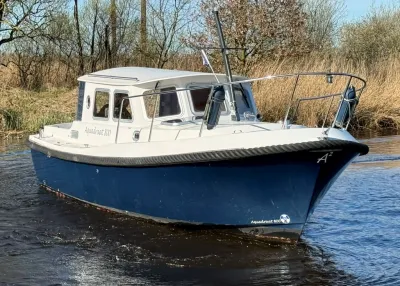 blauwe cruiser op rivier met cabine