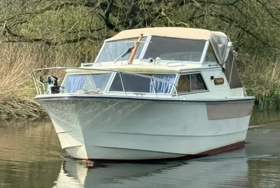 motorboot op rustig water bij rietkant