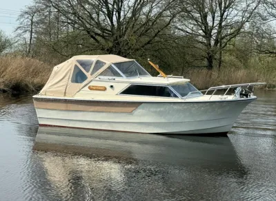 motorkruiser op rustig water met bomen op achtergrond