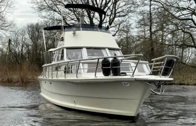 motorjacht op rustig water bij bomen