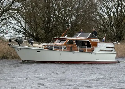 Motorkruiser op water met riet en bomen